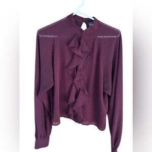 Smoked Ruffle Swiss Dot Blouse Burgundy Long Sleeves Sheer Size Small